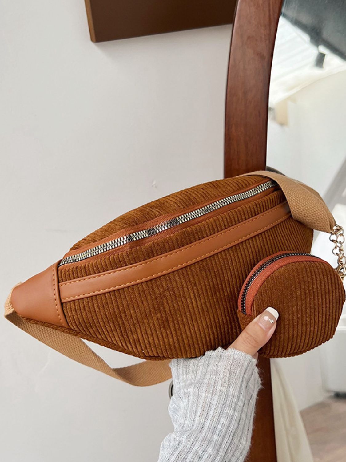 Corduroy Adjustable Strap Crossbody Bag with Pouch - Plume & Peak