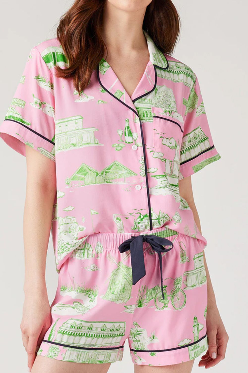 Collared Pink Printed Lounge Set with Drawstring Shorts | Dreamwear by Plume & Peak - Plume & Peak