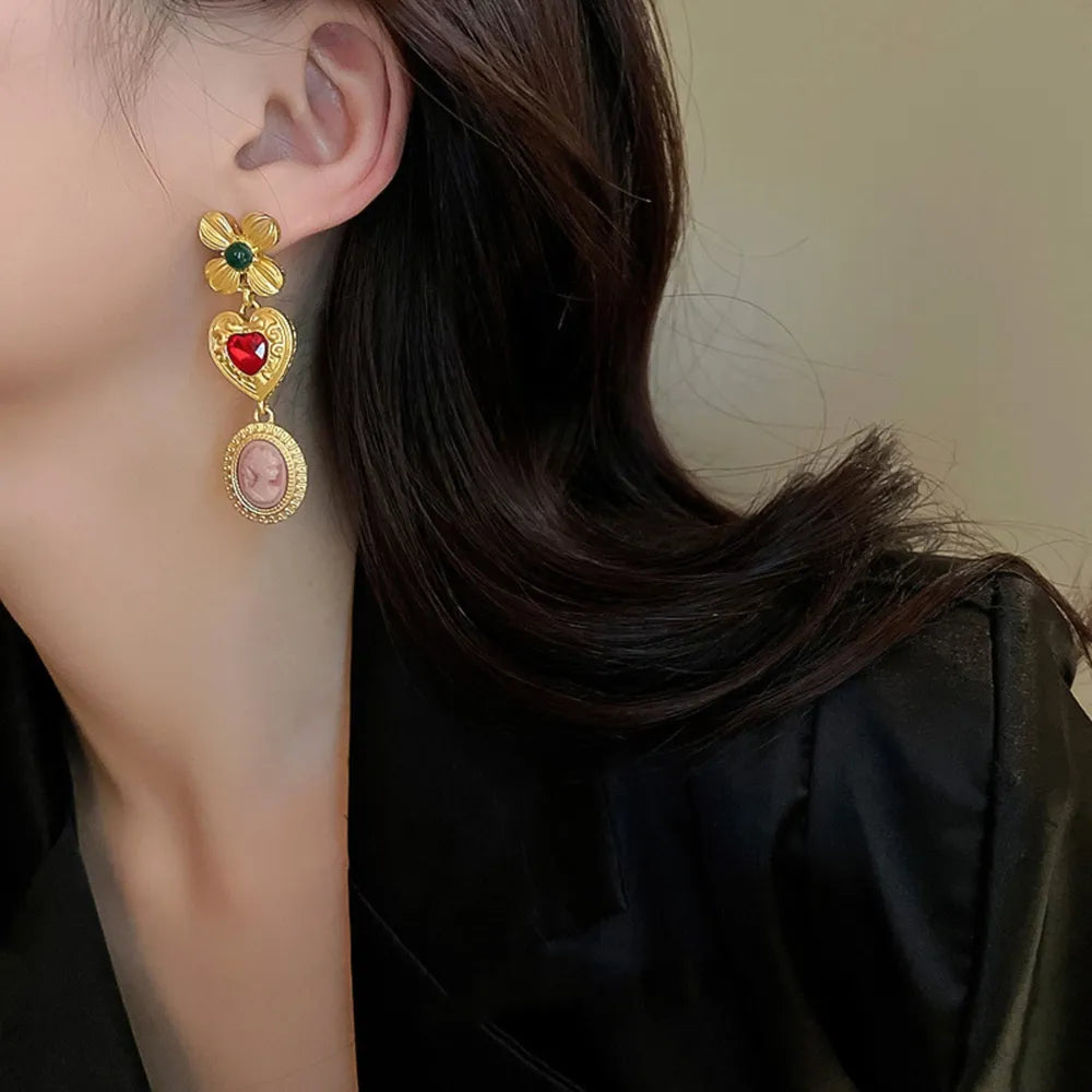 Sundara Cameo Drop Earrings | Gold Heart & Portrait Festival Dangles - Plume & Peak