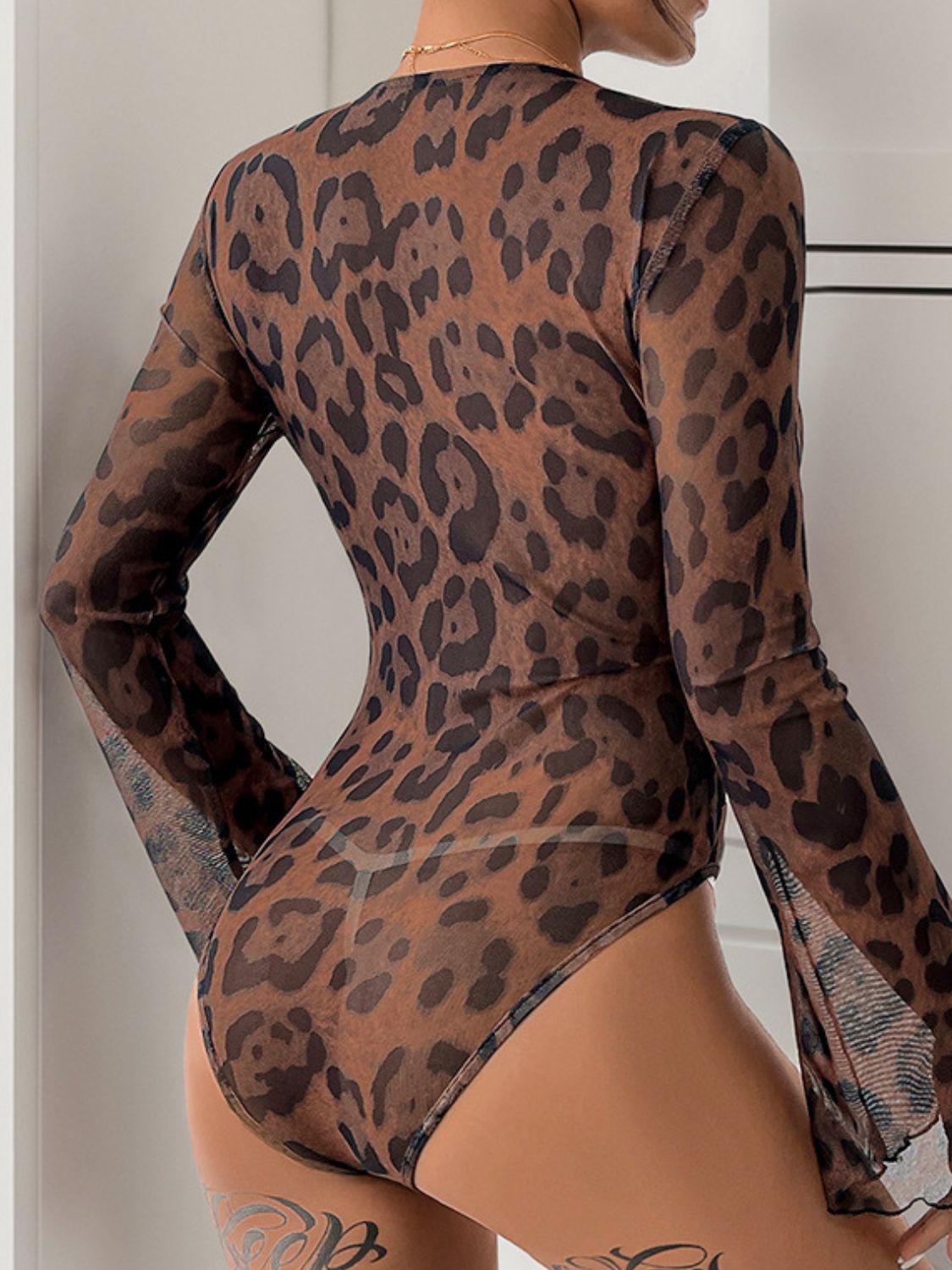 Leopard Lace V-Neck Bodysuit | Sheer, Stretchy & Statement-Making - Plume & Peak