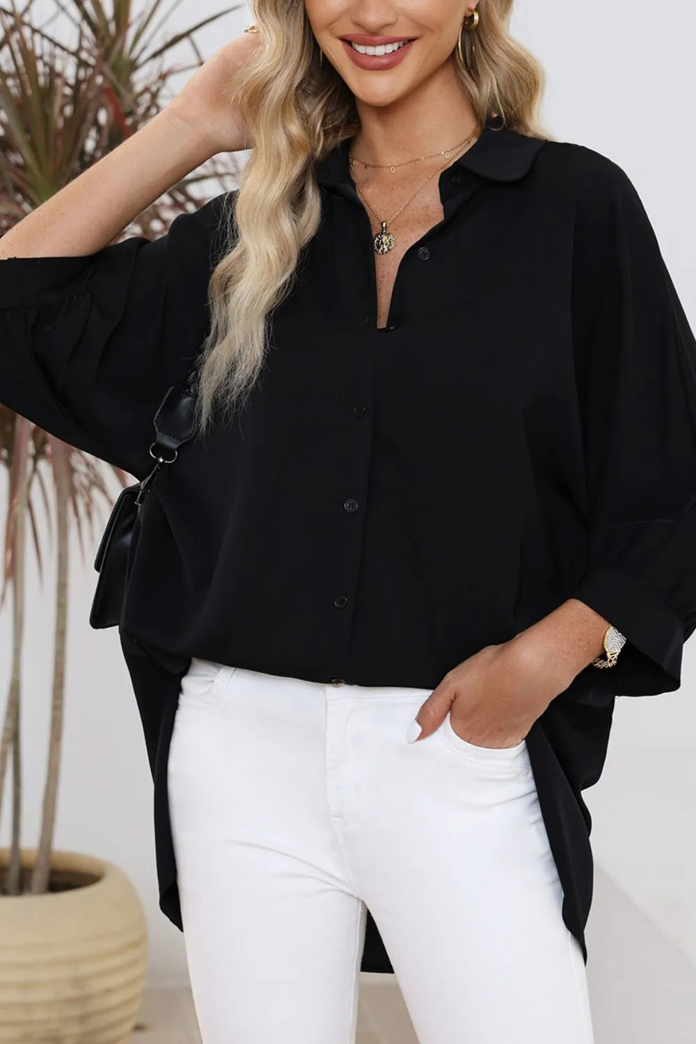 Collared Neck Three-Quarter Sleeve Shirt - Plume & Peak