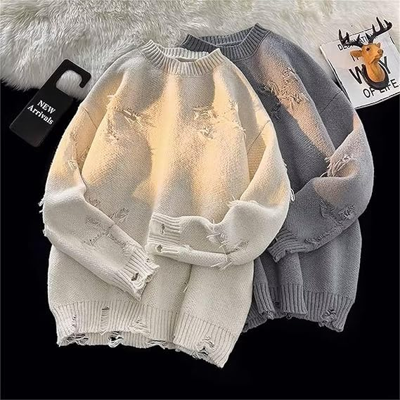 Distressed Knit Oversized Sweater – Vintage Aesthetic, Casual Streetwear Pullover - Plume & Peak