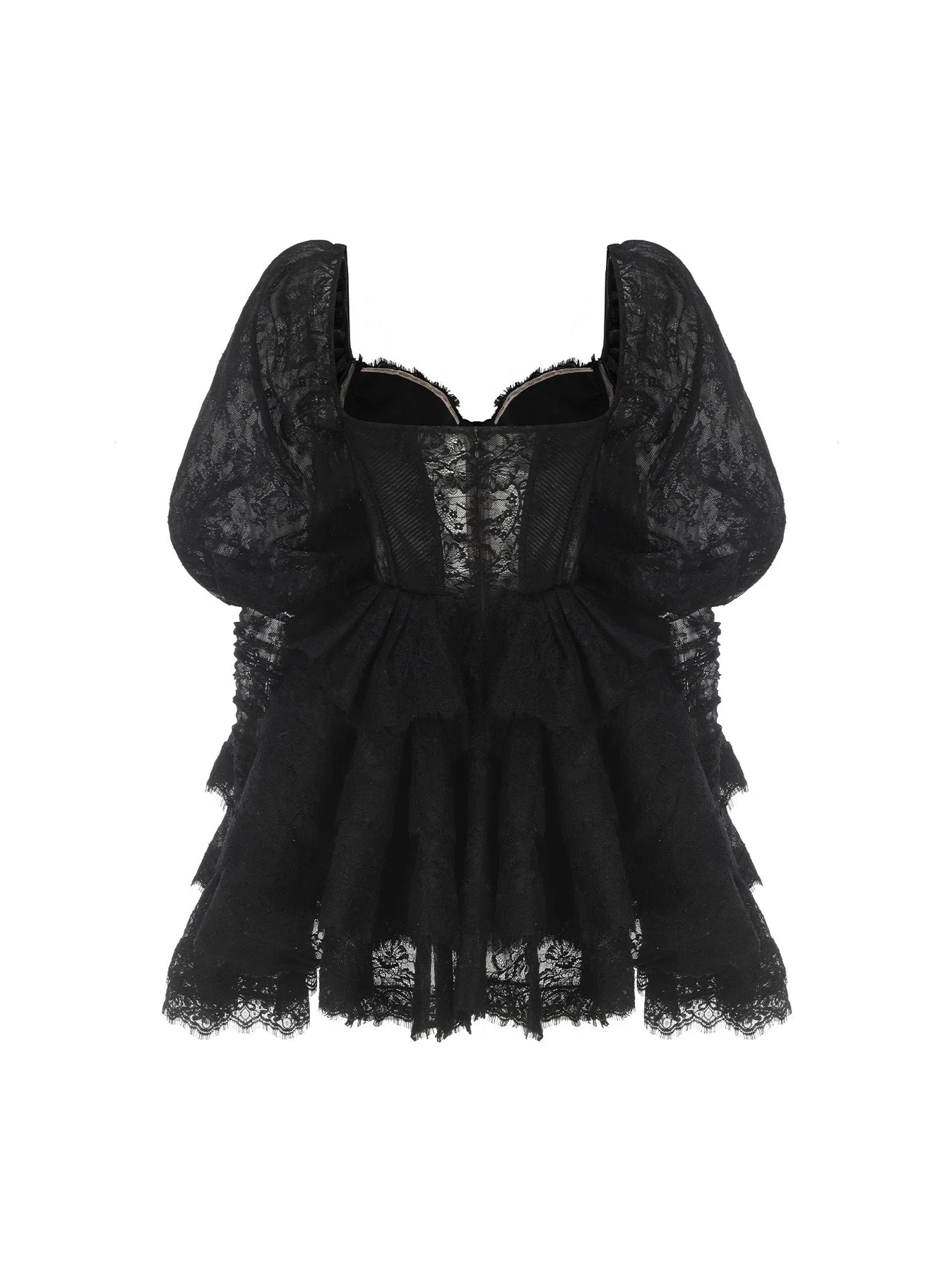 Lace Tiered Ruffle Mini Dress with Puff Sleeves - Plume & Peak