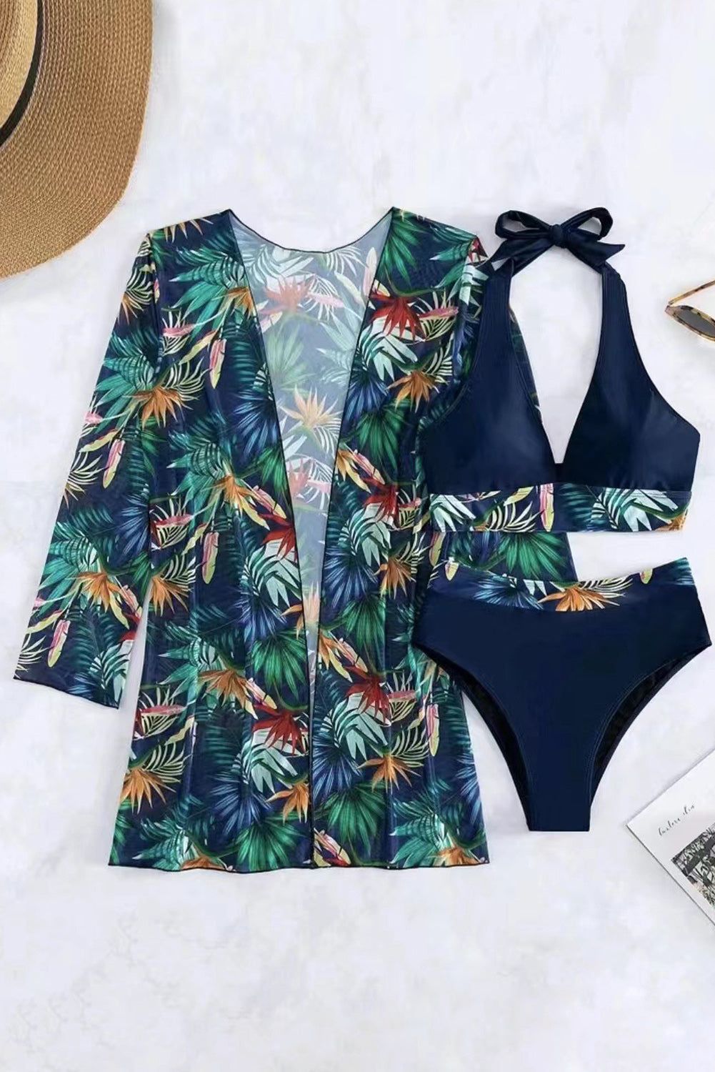 Printed Halter Neck Three-Piece Swim Set - Plume & Peak