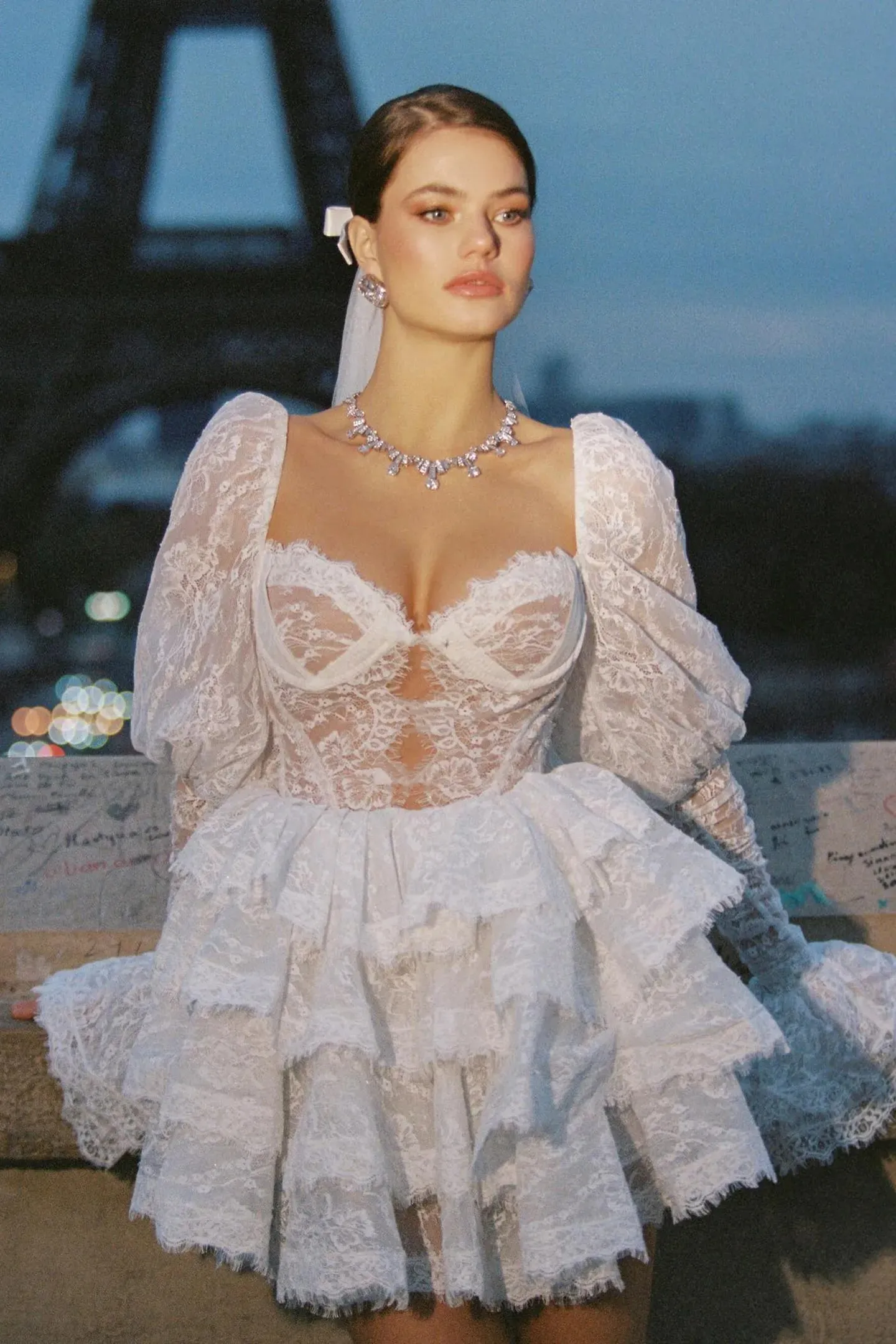 Lace Tiered Ruffle Mini Dress with Puff Sleeves
