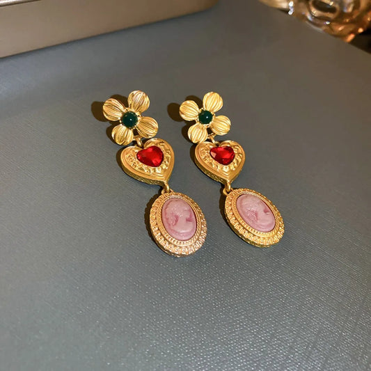 Sundara Cameo Drop Earrings | Gold Heart & Portrait Festival Dangles - Plume & Peak