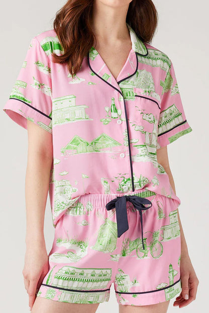 Collared Pink Printed Lounge Set with Drawstring Shorts | Dreamwear by Plume & Peak - Plume & Peak