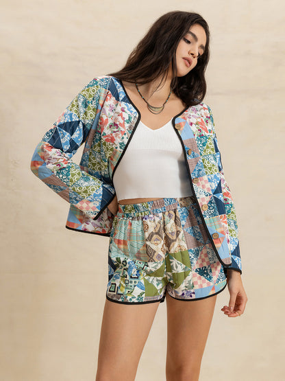 Printed Button Up Long Sleeve Outerwear and Shorts Set - Plume & Peak