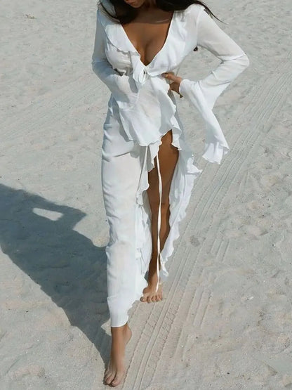 Ruffled Long Sleeve Cover-Up Dress - Plume & Peak