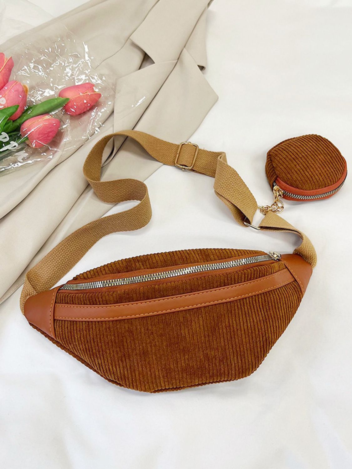 Corduroy Adjustable Strap Crossbody Bag with Pouch - Plume & Peak