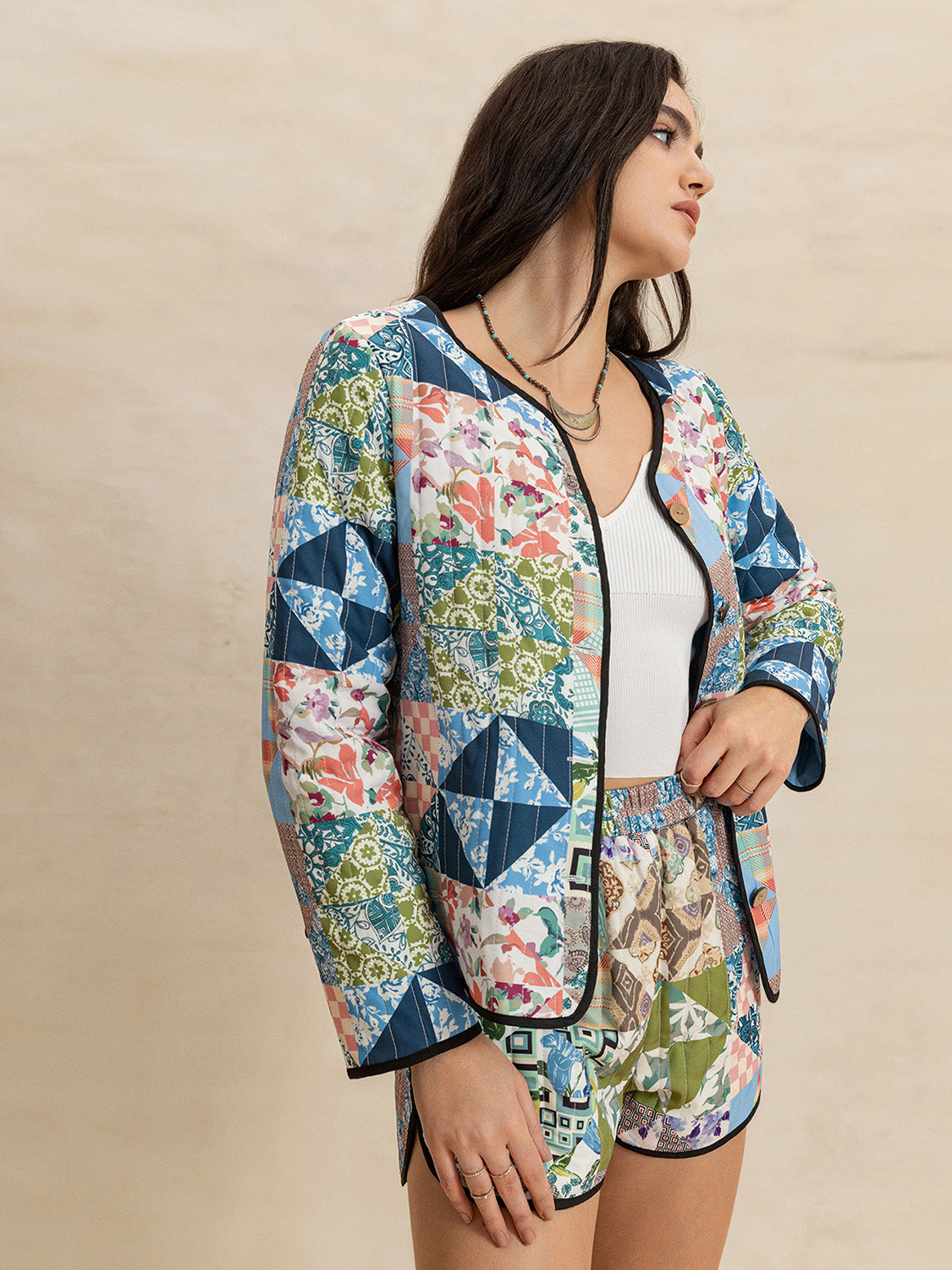 Printed Button Up Long Sleeve Outerwear and Shorts Set - Plume & Peak