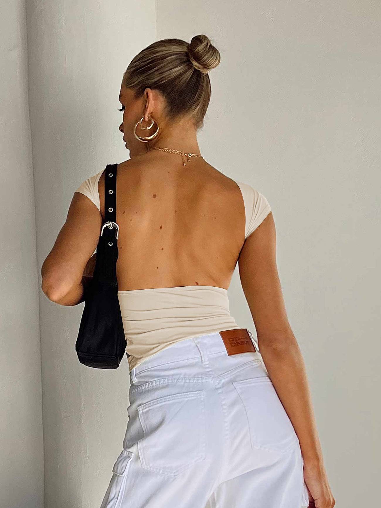 Backless Short Sleeve Cropped Blouse - Plume & Peak