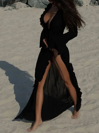 Ruffled Long Sleeve Cover-Up Dress - Plume & Peak