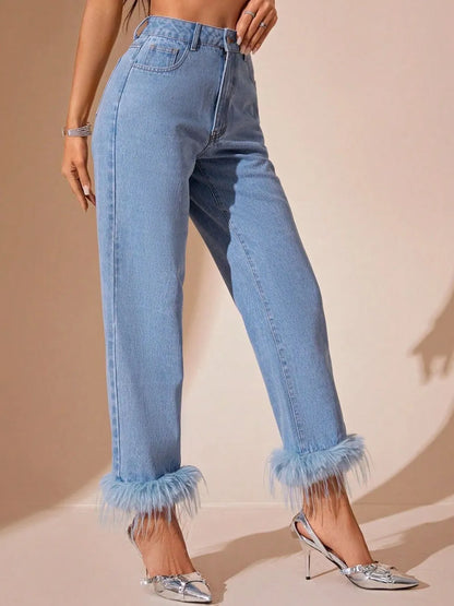 Plush Hem High Rise Straight Jeans - Plume & Peak