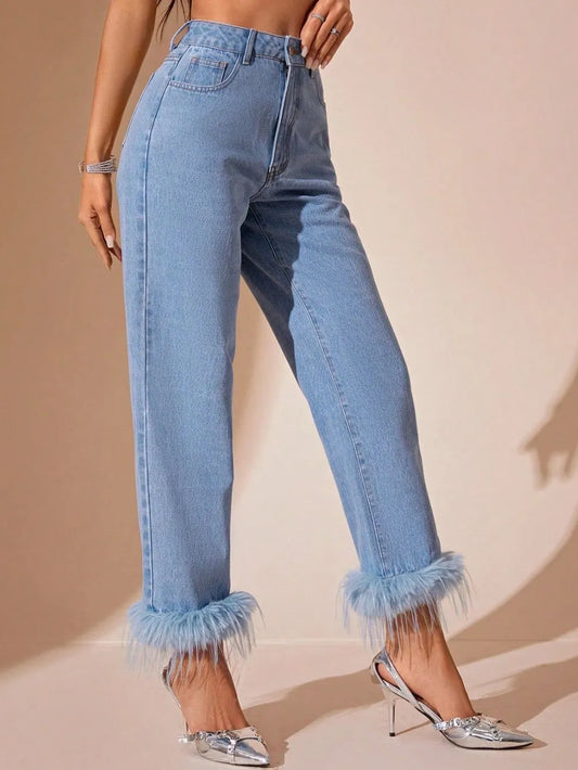 Plush Hem High Rise Straight Jeans - Plume & Peak