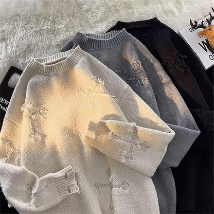 Distressed Knit Oversized Sweater – Vintage Aesthetic, Casual Streetwear Pullover - Plume & Peak