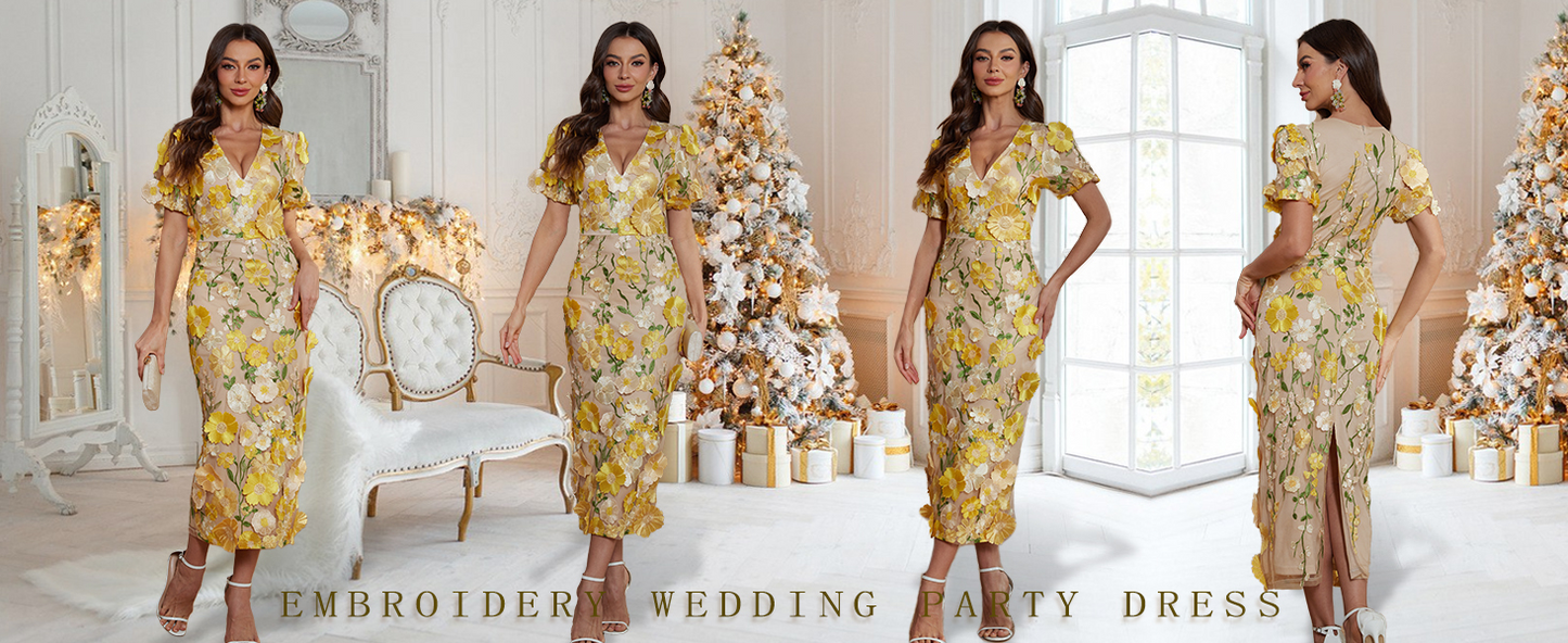 Dress Women's 3D Floral Embroidery Dress Sheer Mesh V-Neck Lace Bodycon Party Cocktail Maxi Dress Short Sleeves - Plume & Peak