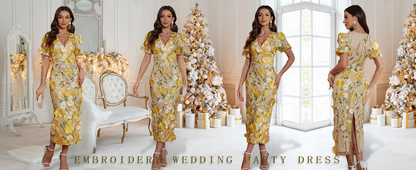 Dress Women's 3D Floral Embroidery Dress Sheer Mesh V-Neck Lace Bodycon Party Cocktail Maxi Dress Short Sleeves - Plume & Peak