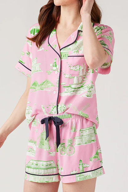 Collared Pink Printed Lounge Set with Drawstring Shorts | Dreamwear by Plume & Peak - Plume & Peak