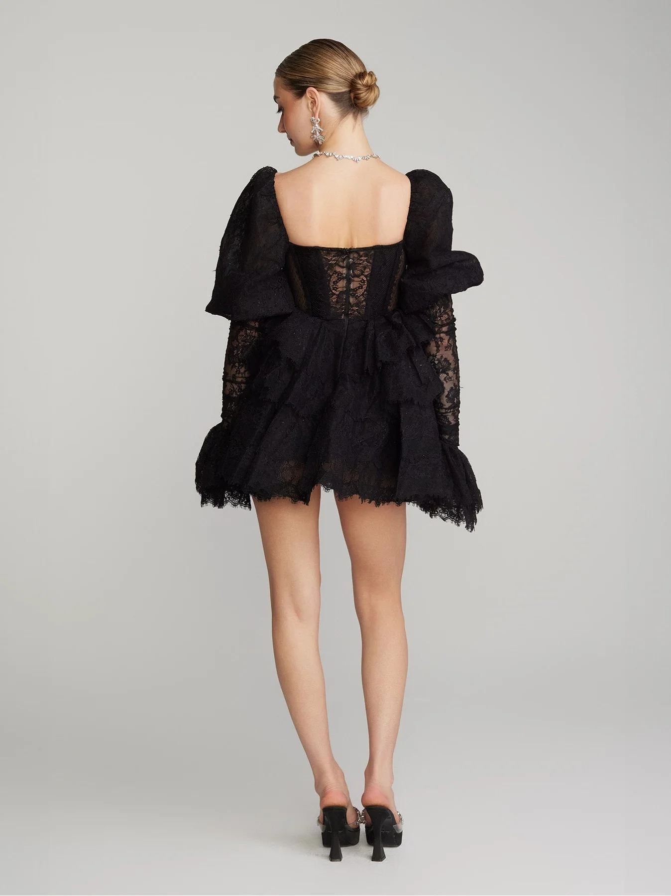 Lace Tiered Ruffle Mini Dress with Puff Sleeves
