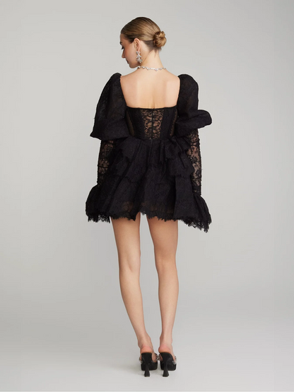 Lace Tiered Ruffle Mini Dress with Puff Sleeves