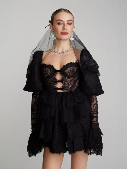 Lace Tiered Ruffle Mini Dress with Puff Sleeves