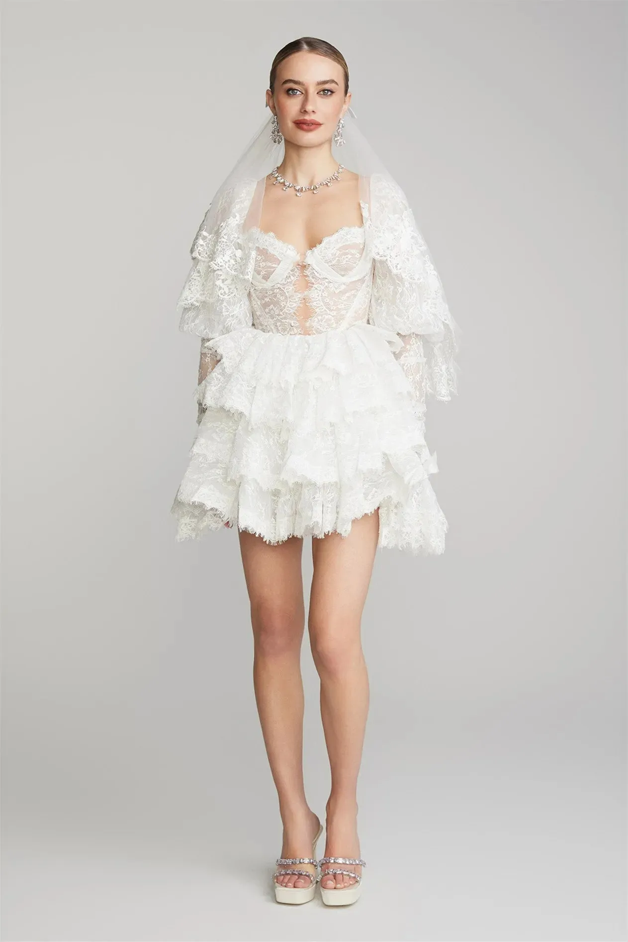 Lace Tiered Ruffle Mini Dress with Puff Sleeves