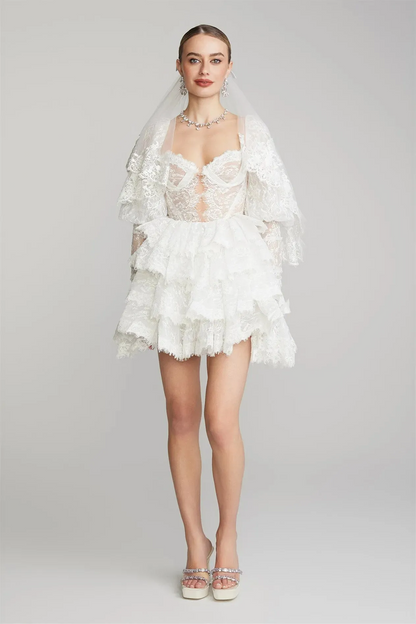 Lace Tiered Ruffle Mini Dress with Puff Sleeves