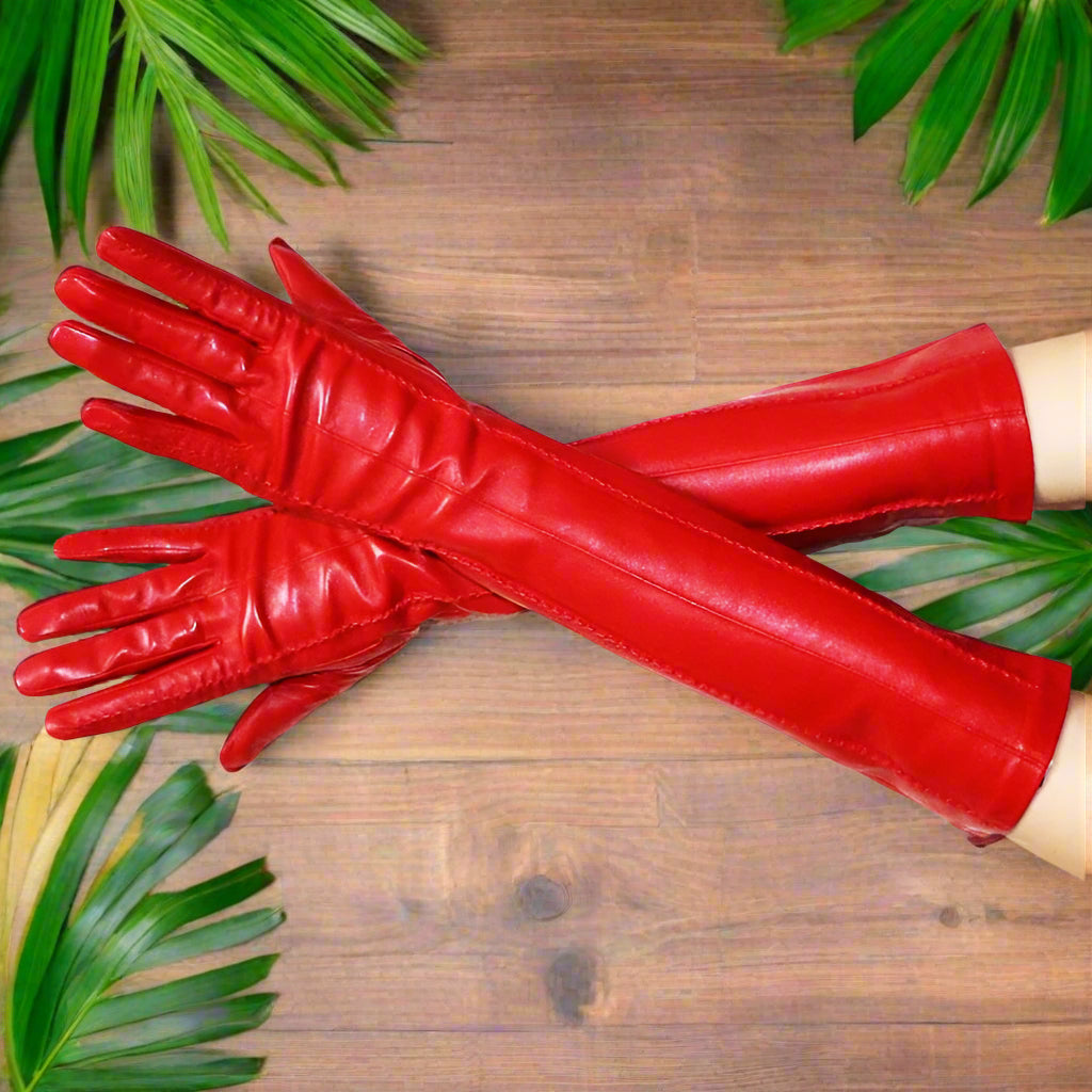 Long Leather Gloves Sheepskin Women Leather Arm Warmers Touchscreen Warm Stylish - Plume & Peak