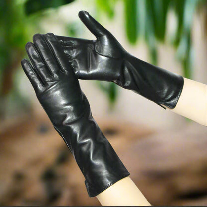 Long Leather Gloves Sheepskin Women Leather Arm Warmers Touchscreen Warm Stylish - Plume & Peak