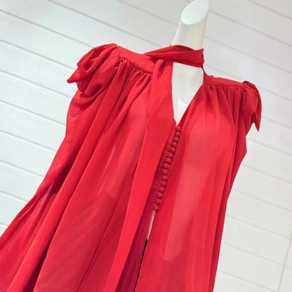 Red Chiffon Tie Front Blouse with Black Pencil Skirt Set - Plume & Peak