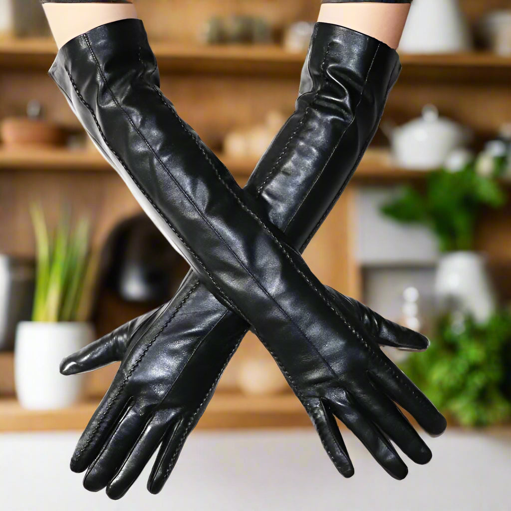 Long Leather Gloves Sheepskin Women Leather Arm Warmers Touchscreen Warm Stylish - Plume & Peak