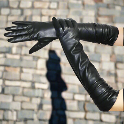 Long Leather Gloves Sheepskin Women Leather Arm Warmers Touchscreen Warm Stylish - Plume & Peak