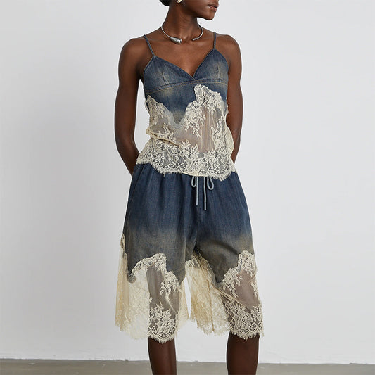 Spring Summer Lace Top Denim Shorts Set - Plume & Peak