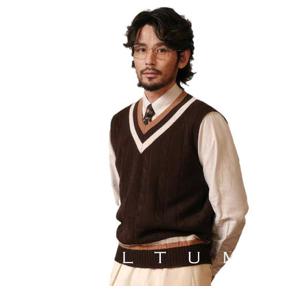 Mens Vintage VNeck Knit Vest AutumnWinter Sleeveless Sweater - Plume & Peak