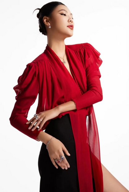 Red Chiffon Tie Front Blouse with Black Pencil Skirt Set - Plume & Peak