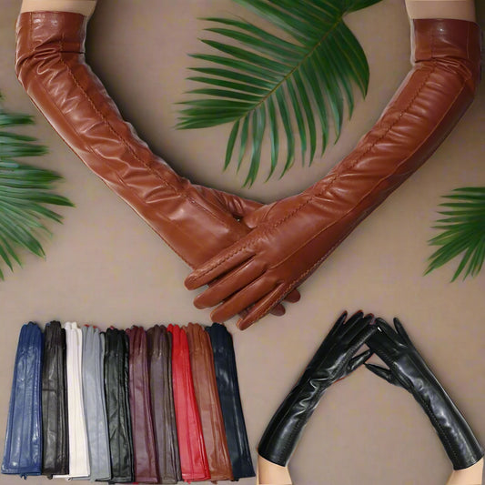 Long Leather Gloves Sheepskin Women Leather Arm Warmers Touchscreen Warm Stylish - Plume & Peak