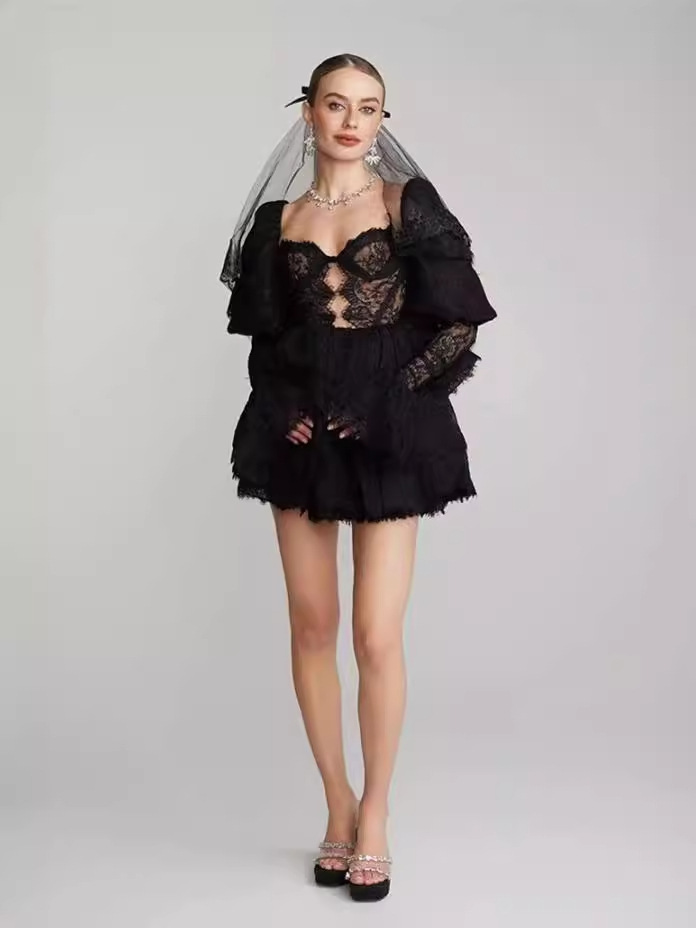 Lace Tiered Ruffle Mini Dress with Puff Sleeves