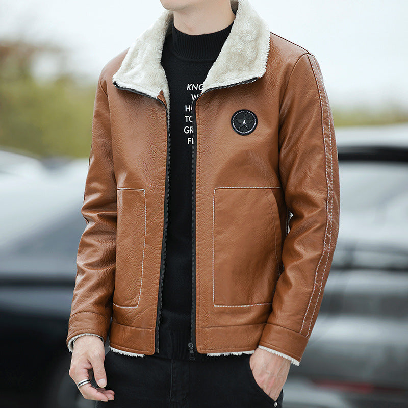 Mens Stylish FleeceLined Leather Jacket Korean Biker - Plume & Peak