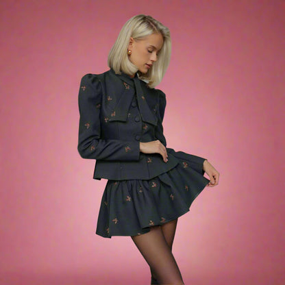 Tailored Embroidered Blazer & Pleated Skirt Set – Effortless Elegance with an Edge - Plume & Peak