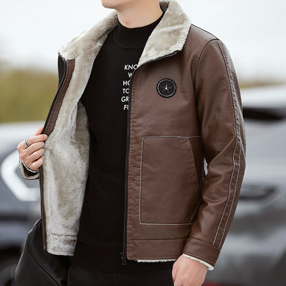 Mens Stylish FleeceLined Leather Jacket Korean Biker - Plume & Peak