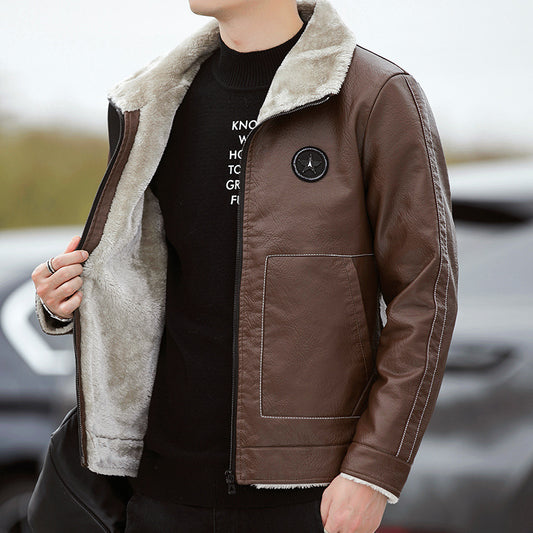 Mens Stylish FleeceLined Leather Jacket Korean Biker - Plume & Peak