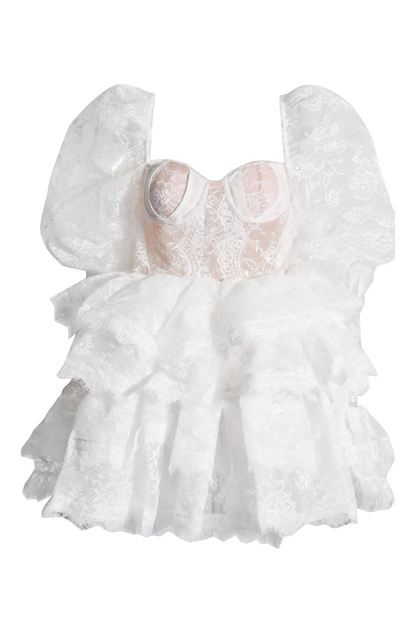 Lace Tiered Ruffle Mini Dress with Puff Sleeves
