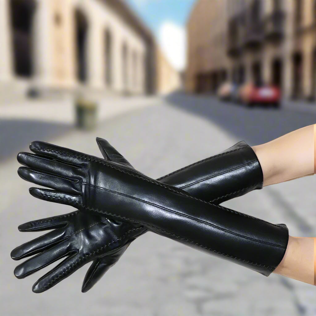 Long Leather Gloves Sheepskin Women Leather Arm Warmers Touchscreen Warm Stylish - Plume & Peak