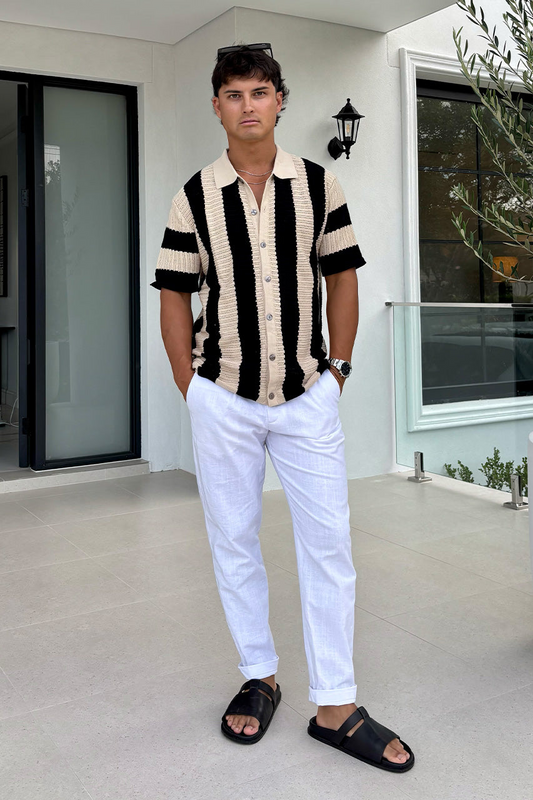The Riviera Knit Polo Shirt – Black & Sand Stripe - Plume & Peak