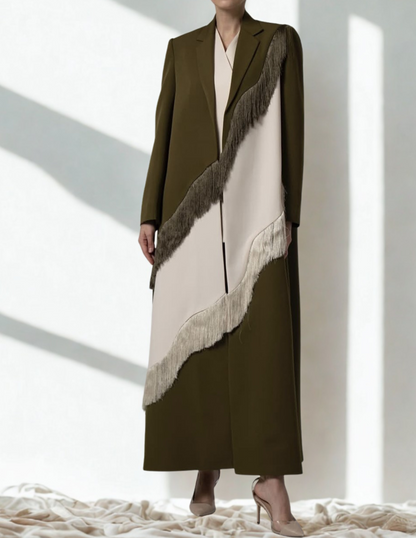 Women's Fringe Trim Longline Blazer Coat – Autumn Winter Maxi Overcoat, Vintage Korean Style