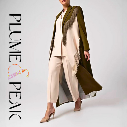 Women's Fringe Trim Longline Blazer Coat – Autumn Winter Maxi Overcoat, Vintage Korean Style