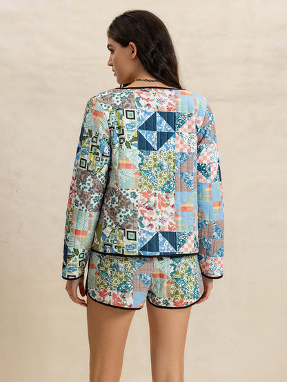 Printed Button Up Long Sleeve Outerwear and Shorts Set - Plume & Peak