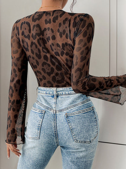 Leopard Lace V-Neck Bodysuit | Sheer, Stretchy & Statement-Making - Plume & Peak