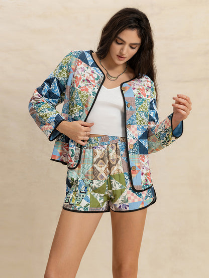 Printed Button Up Long Sleeve Outerwear and Shorts Set - Plume & Peak